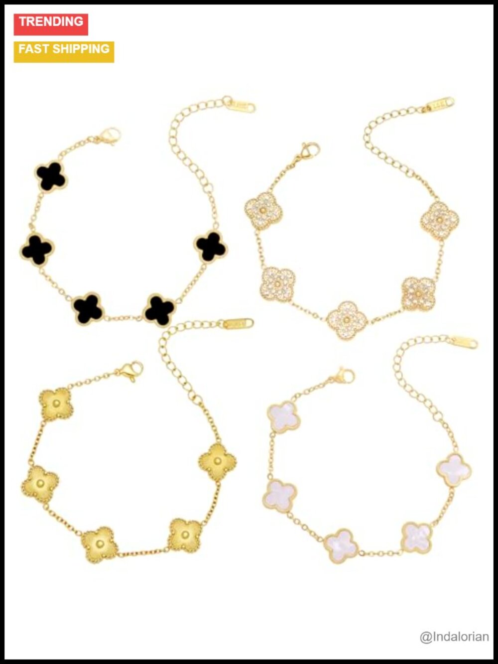 18K Gold Plated Stainless Steel Four Leaf Clover Link Bracelet Set Adjustable